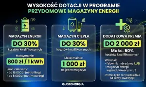 Dofinansowanie na otwarcie firmy: magazyn energii do 30% (800 zł/kWh), magazyn ciepła do 30% (1000 zł), premia do 2000 zł.