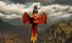 Postać w zbroi na grzbiecie feniksa nad zamkiem. Wyobraź sobie, że to wspólna przygoda w Hogwarts Legacy multiplayer.