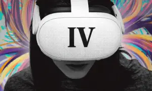 Osoba w goglach VR z cyfrą IV na froncie, otoczona kolorowym, abstrakcyjnym tłem. Czy to zapowiedź Meta Quest 4?