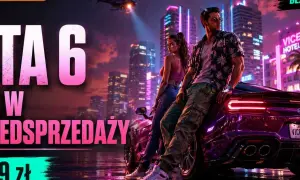 Para GTA VI premiera, para pozuje przy sportowym aucie w neonowym mieście. W tle helikopter i wieżowce.