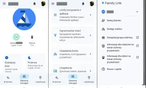 Ekran aplikacji Family Link. Widoczne opcje: Limity korzystania z aplikacji, Ograniczenia treści, Ustawienia konta, Urządzenia. Można tu zarządzać ustawieniami, aby dowiedzieć się, jak wyłączyć Family Link.