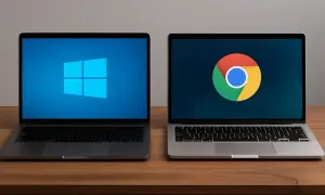 Dwa laptopy na drewnianym stole. Lewy z logo Windows, prawy z logo Chrome OS.