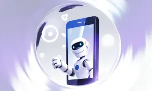 Uśmiechnięty robot z niebieskimi oczami wychyla się z ekranu telefonu, pokazując kciuk w górę. To sztuczna inteligencja w telefonie, gotowa do pomocy.