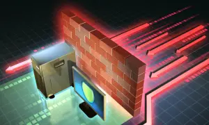 Ceglana ściana symbolizuje co to jest firewall, chroniąc serwer i monitor przed czerwonymi strzałkami zagrożeń.