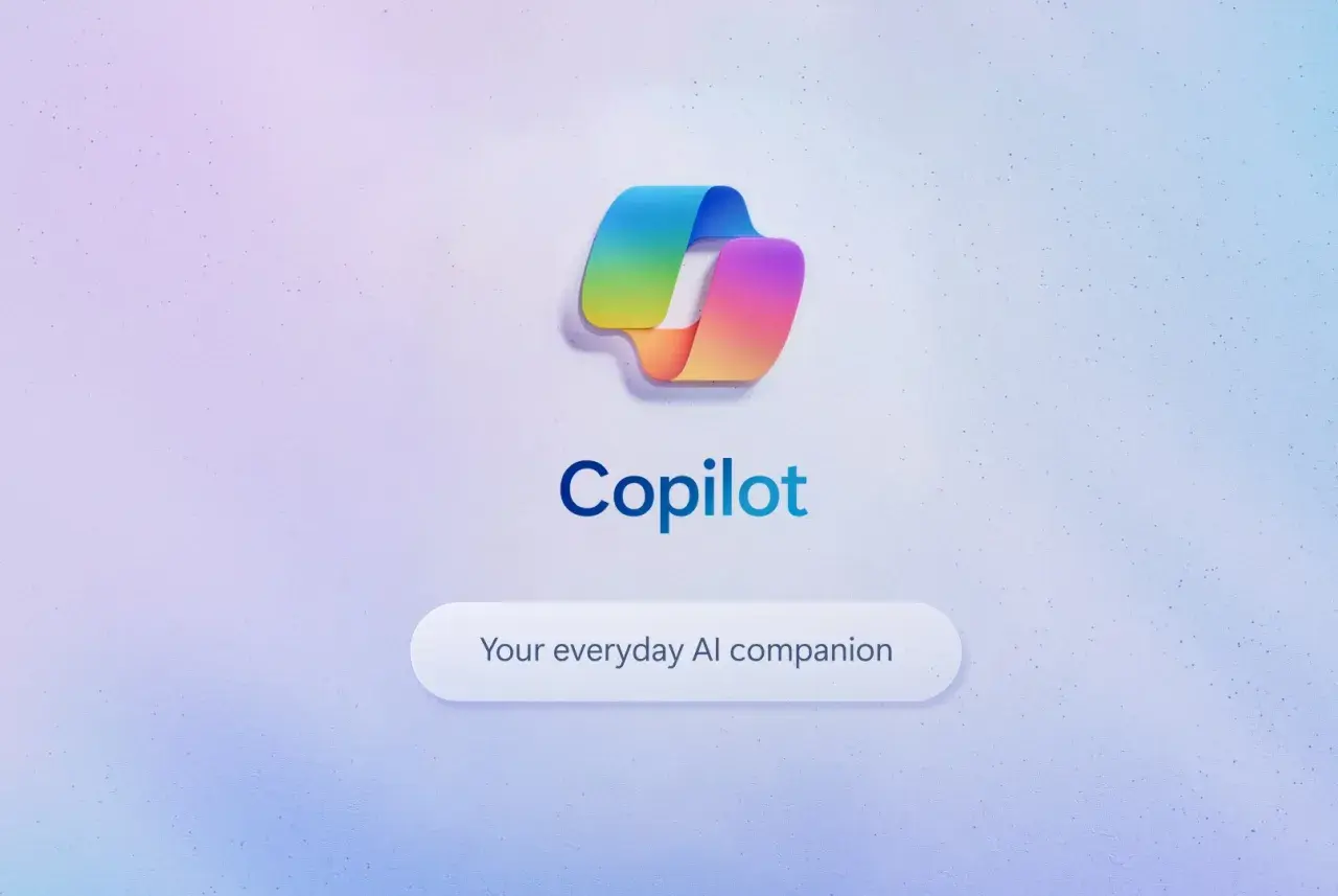 Kolorowe logo Copilot, które przypomina połączenie z chat gpt bing. Pod spodem napis "Your everyday AI companion".