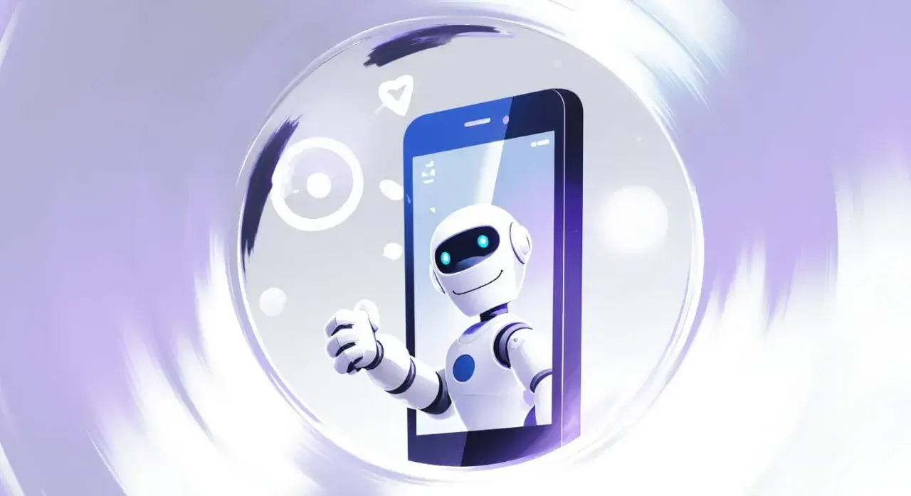 Uśmiechnięty robot z niebieskimi oczami wychyla się z ekranu telefonu, pokazując kciuk w górę. To sztuczna inteligencja w telefonie, gotowa do pomocy.