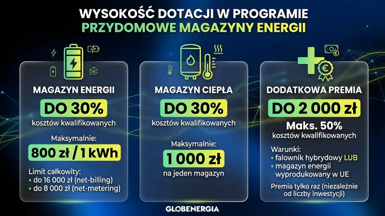 Dofinansowanie na otwarcie firmy: magazyn energii do 30% (800 zł/kWh), magazyn ciepła do 30% (1000 zł), premia do 2000 zł.