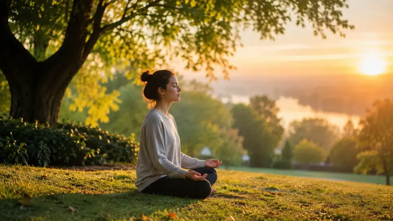 Kobieta medytuje na trawie o zachodzie słońca. To kwintesencja tego, czym jest mindfulness: spokój i obecność w chwili.