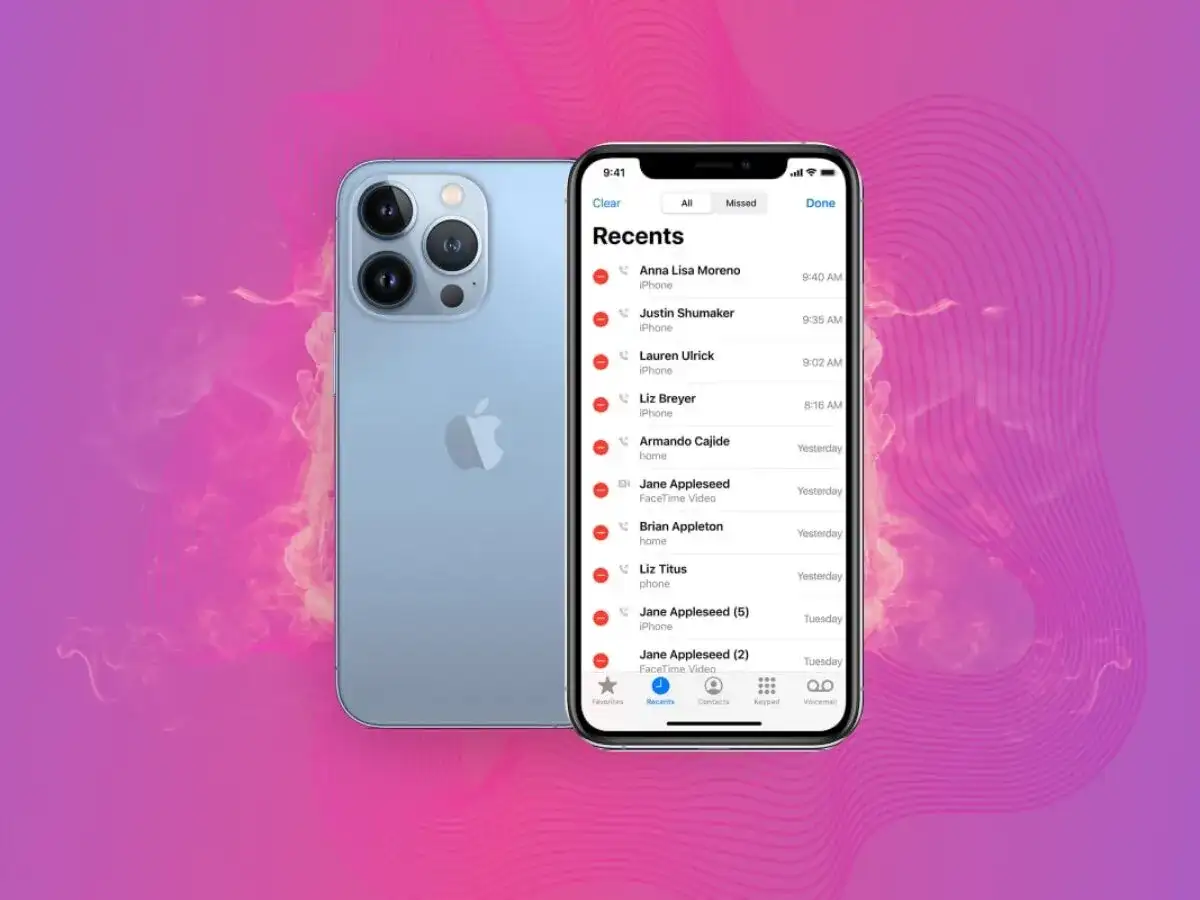 Historia połączeń iPhone, pokazująca listę ostatnich rozmów i połączeń FaceTime.