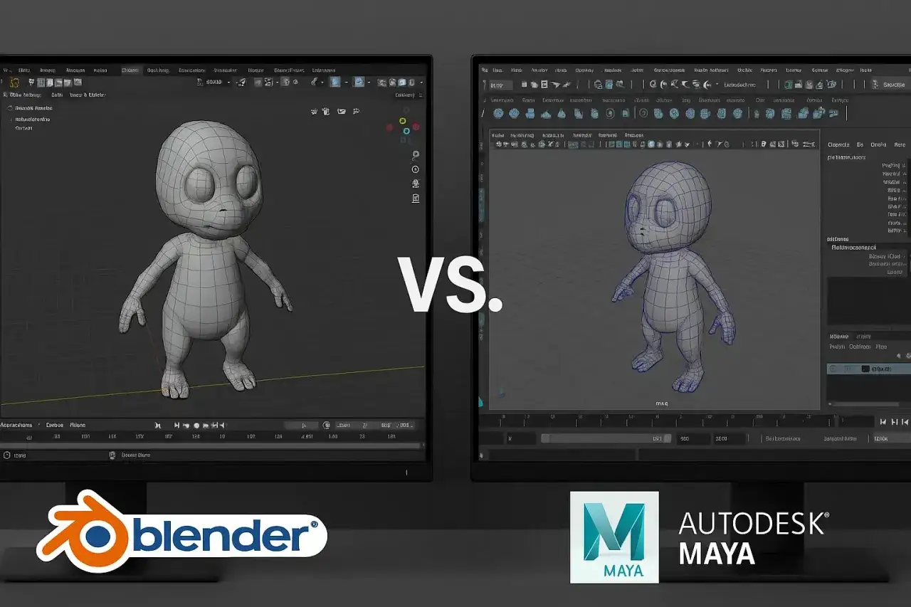 Porównanie interfejsów programów do animacji: Blender vs. Autodesk Maya. Widoczny model postaci w siatce.