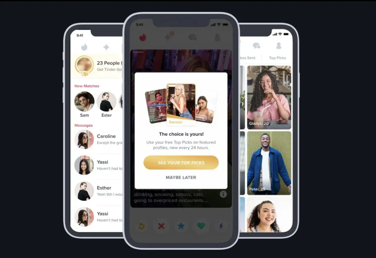 Trzy ekrany telefonu z aplikacją randkową Tinder. Na środkowym ekranie wyskakuje okienko z propozycją 