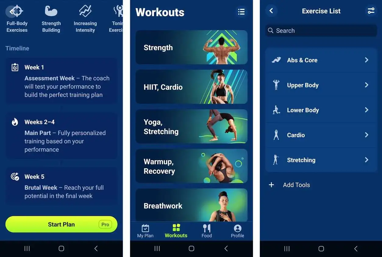Aplikacja do treningu z planem tygodniowym i kategoriami ćwiczeń: siła, cardio, joga.