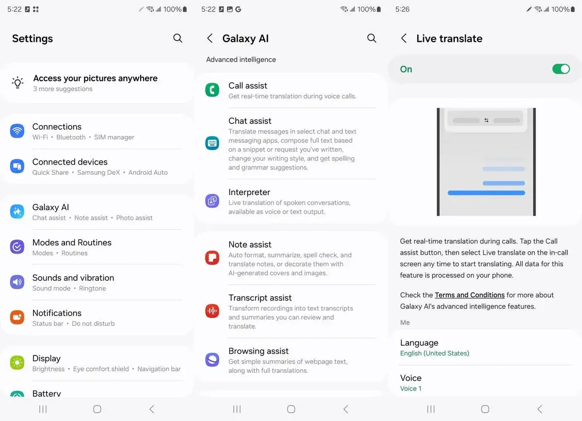 Ustawienia telefonu pokazują opcje Galaxy AI, w tym Live Translate. Aby wyłączyć Gemini, przejdź do ustawień Galaxy AI.