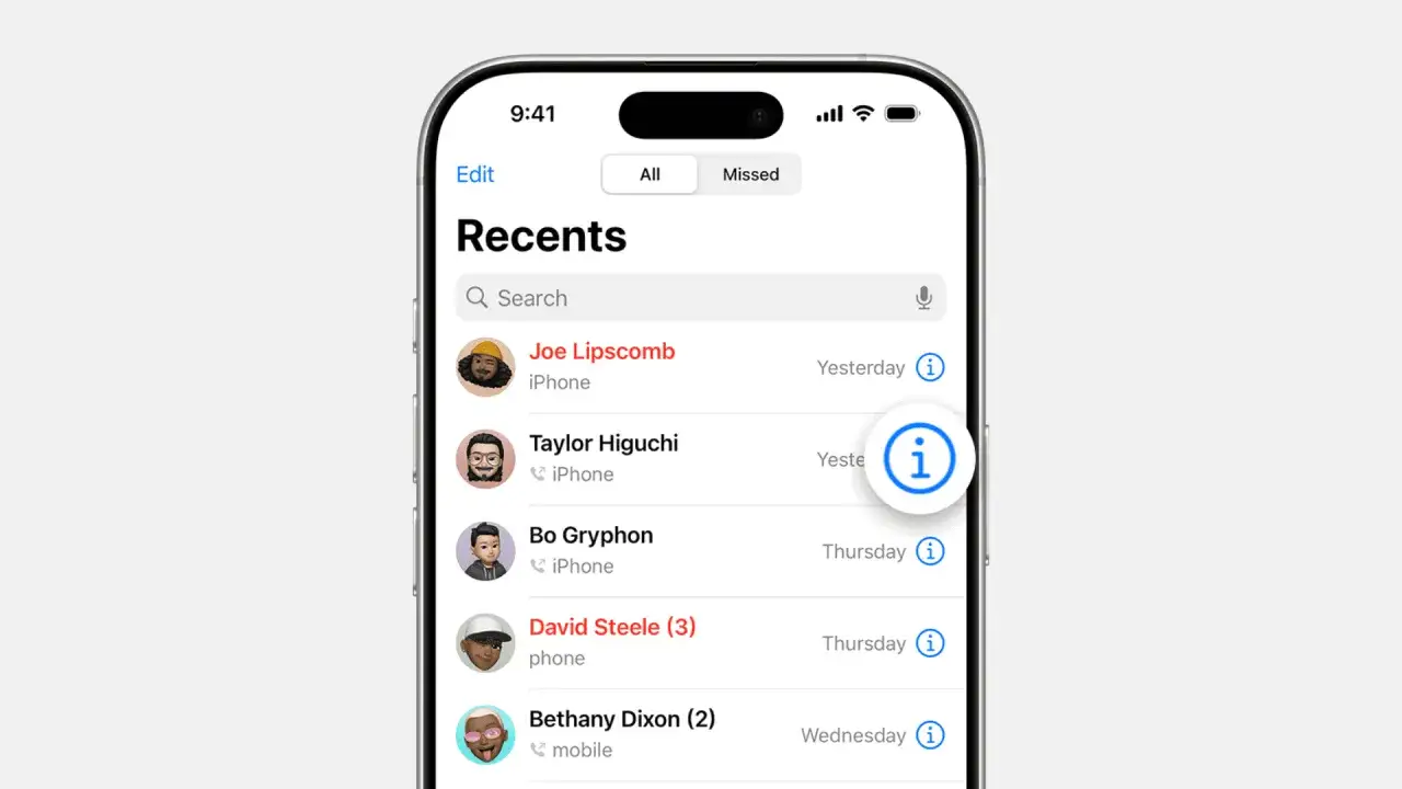 Historia połączeń iPhone: lista ostatnich kontaktów, w tym Joe Lipscomb, Taylor Higuchi i Bo Gryphon.