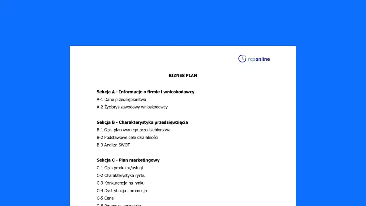 Biznesplan z sekcjami: informacje o firmie, charakterystyka przedsięwzięcia, plan marketingowy. Klucz do uzyskania dofinansowanie na otwarcie firmy.