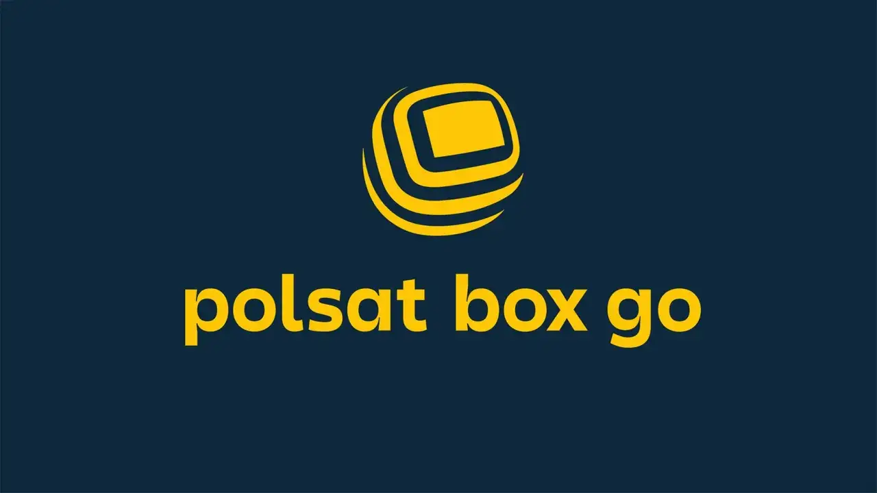 Logo Polsat Box Go. Żółty symbol przypominający ekran telewizora otoczony falami, pod nim napis