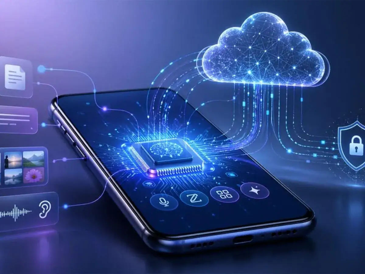 Nowoczesny smartfon z procesorem symbolizującym sztuczną inteligencję w telefonie, połączony z chmurą danych i ikonami funkcji.