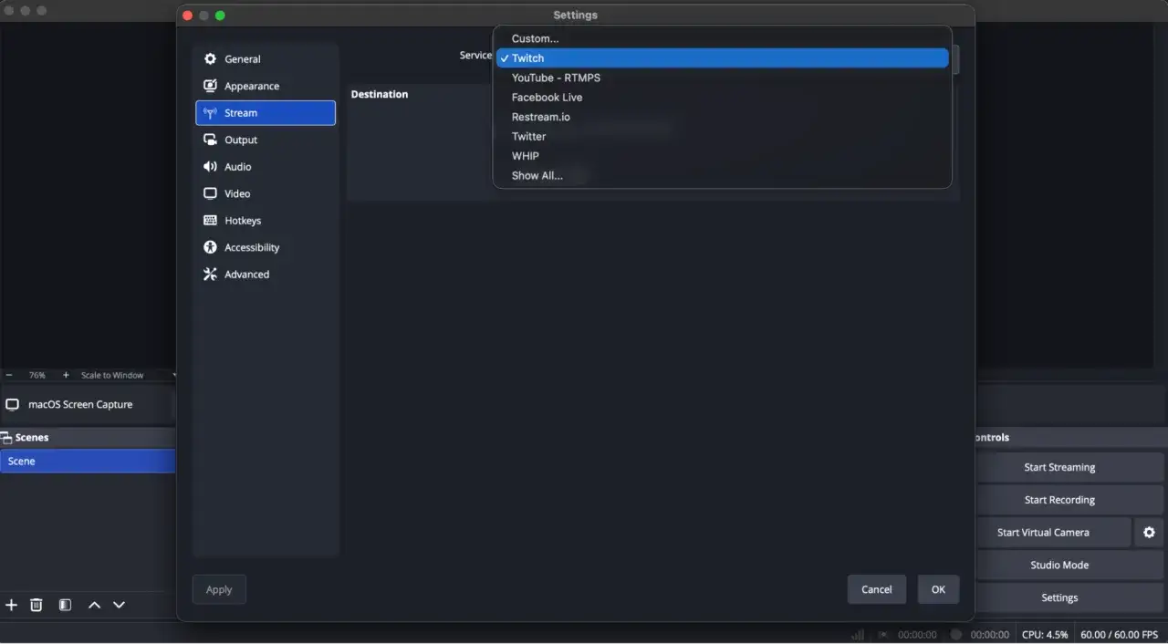 Ustawienia strumieniowania, gdzie wybrana jest usługa Twitch. Konfiguracja nagrywania ekranu Windows 11.