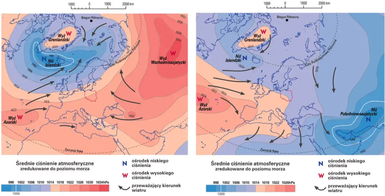 Mapy pokazują rozkład ciśnienia atmosferycznego i kierunki wiatru nad Europą. Różnice w ciśnieniu wpływają na nasze samopoczucie.