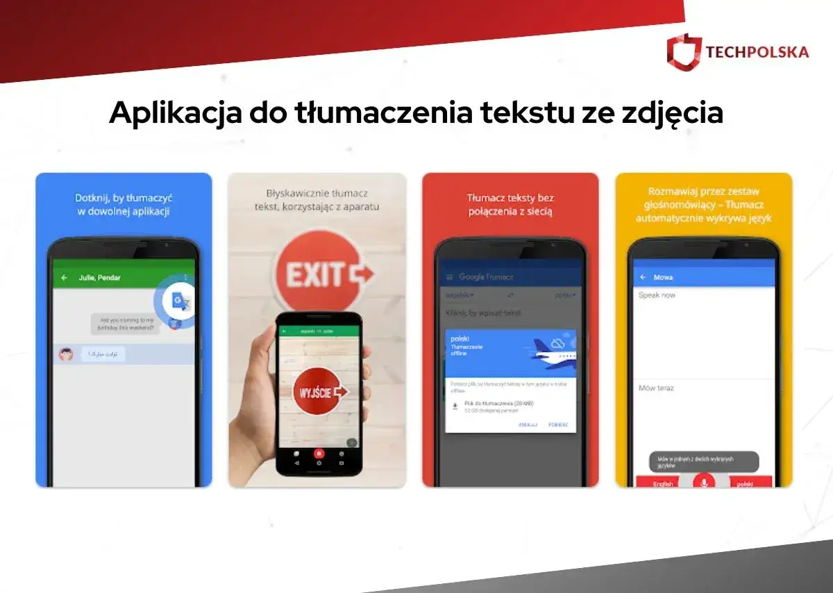 Aplikacja do tłumaczenia tekstu ze zdjęcia. Pokazuje cztery ekrany smartfonów z funkcjami tłumaczenia tekstu z aplikacji, aparatu, offline i mowy.