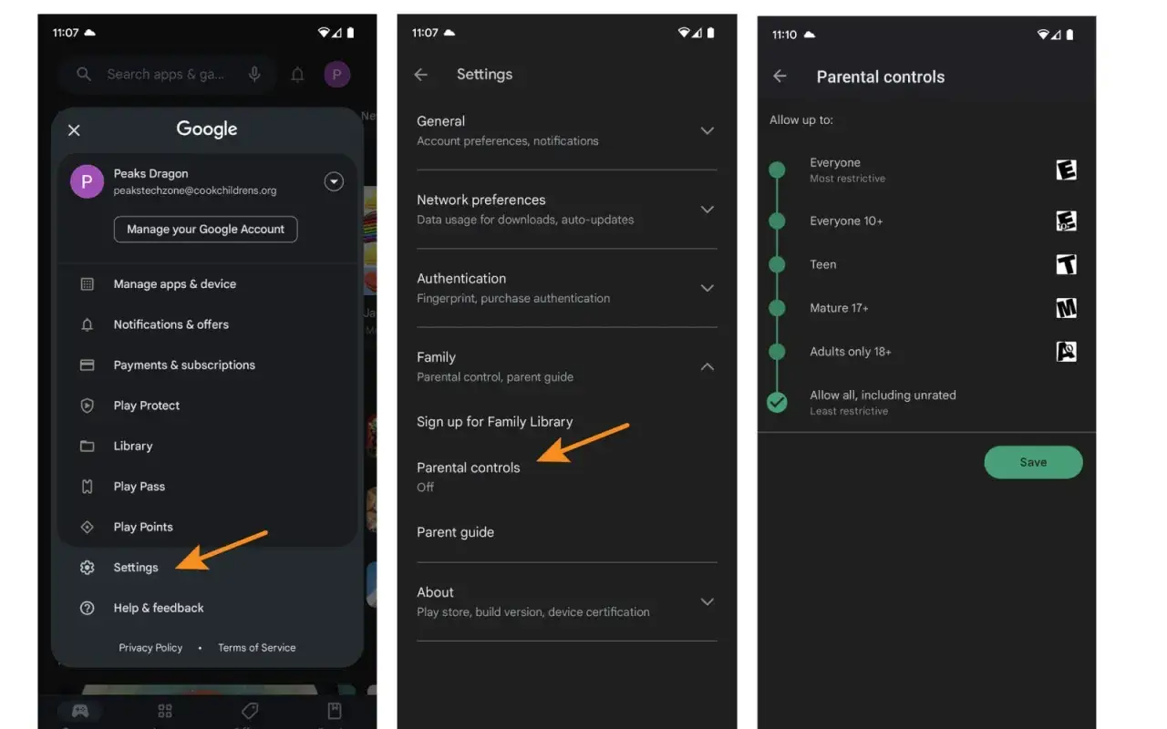 Ustawienia aplikacji Google Play, gdzie można włączyć aplikację do kontroli rodzicielskiej, wybierając wiek lub poziom restrykcyjności.