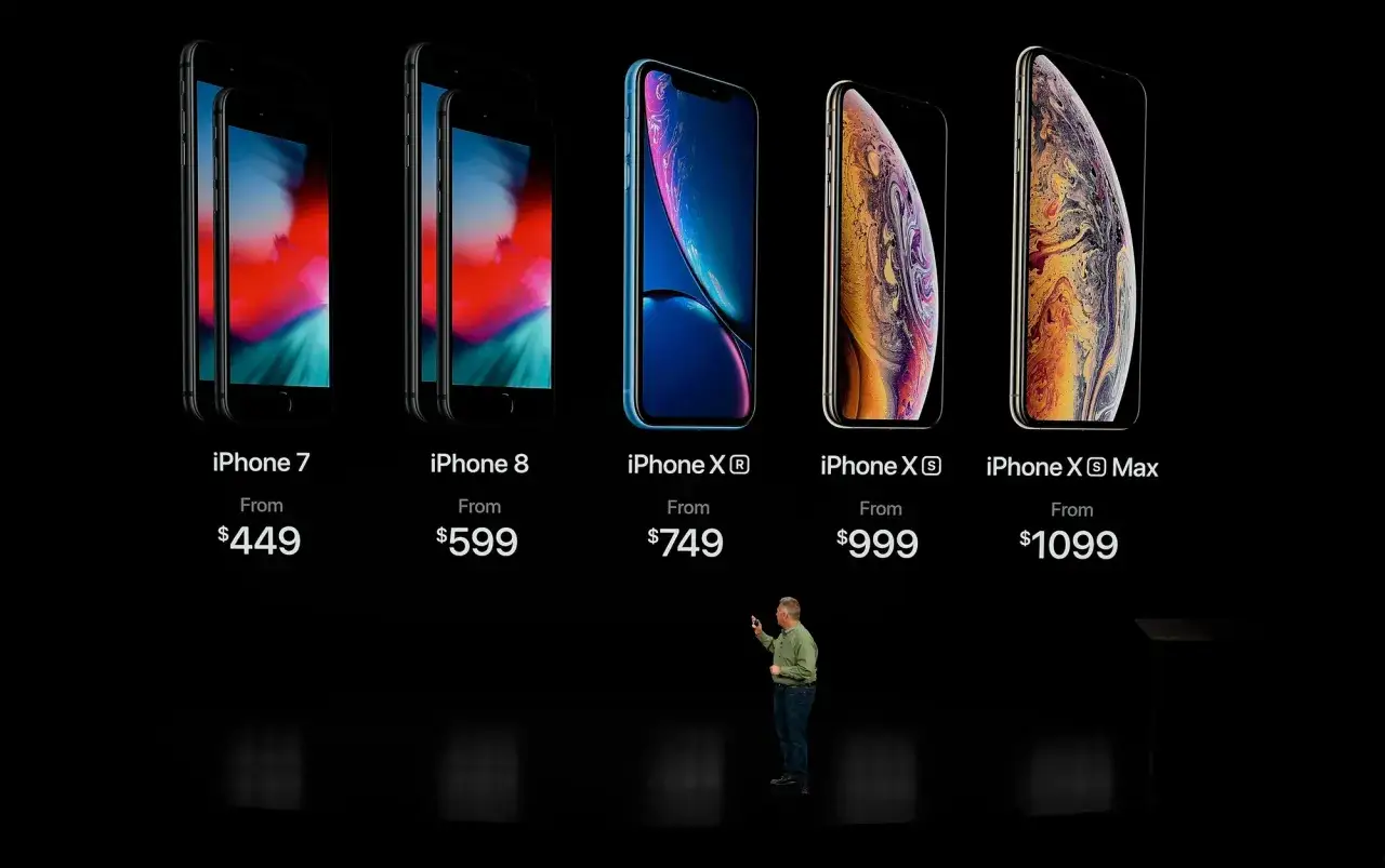Ewolucja iPhone: modele 7, 8, X, XS i XS Max prezentowane z cenami.
