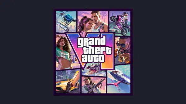 Plakat GTA 6: para z pistoletami, motocykl, helikopter, kobieta w bikini, gangster, aligator, samochód sportowy, mężczyzna z karabinem i flaming.