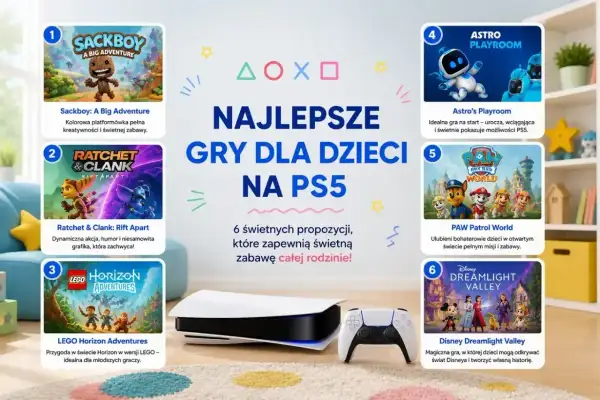 Najlepsze gry dla dzieci na PS5: Sackboy, Ratchet & Clank, LEGO Horizon, Astro's Playroom, Psi Patrol i Disney Dreamlight Valley.