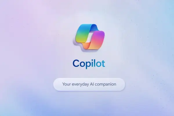 Kolorowe logo Copilot, które przypomina połączenie z chat gpt bing. Pod spodem napis "Your everyday AI companion".