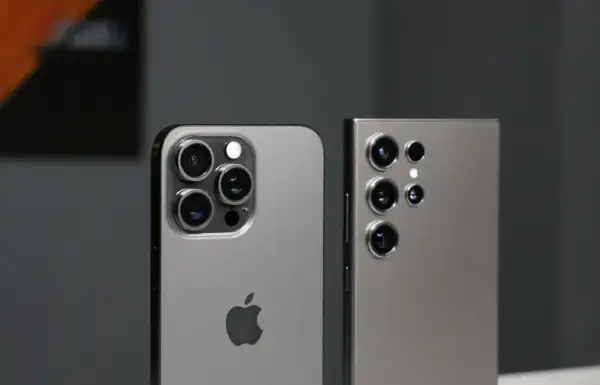 Dwa smartfony: iPhone z jabłkiem i Samsung Galaxy, porównanie aparatów. Galaxy wearable iOS.