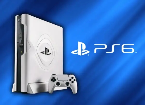 Biała konsola PlayStation 6 z kontrolerem, obok logo PS6. Kiedy premiera?