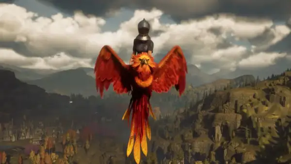 Postać w zbroi na grzbiecie feniksa nad zamkiem. Wyobraź sobie, że to wspólna przygoda w Hogwarts Legacy multiplayer.
