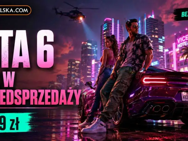 Para GTA VI premiera, para pozuje przy sportowym aucie w neonowym mieście. W tle helikopter i wieżowce.