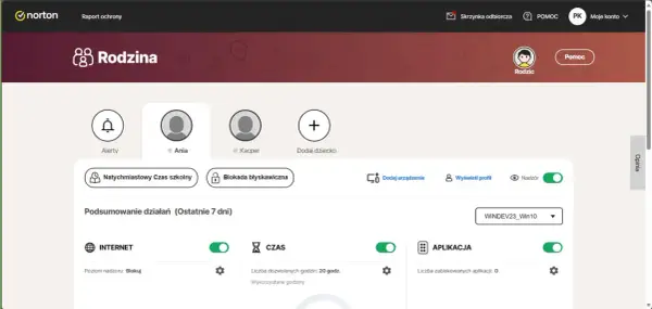 Panel kontroli rodzicielskiej Norton Rodzina. Zarządzaj czasem ekranowym i aplikacjami dla dzieci.