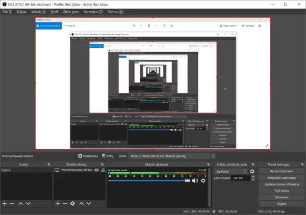 Nagrywanie ekranu Windows 10 w OBS Studio. Widok programu z podglądem nagrania, mikserem dźwięku i panelem sterowania.