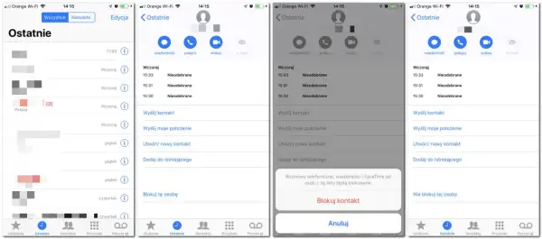 Ekran iPhone'a pokazujący listę ostatnich połączeń, z opcją "Blokuj kontakt", która jest kluczowa, jak zablokować numer.