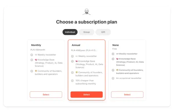 Wybór planu subskrypcji: miesięczny, roczny (z rabatem 15% na jak zarabiać w internecie) i darmowy.