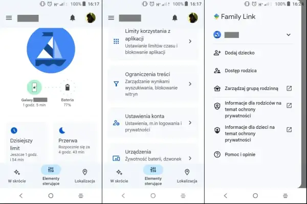 Ekran aplikacji Family Link. Widoczne opcje: Limity korzystania z aplikacji, Ograniczenia treści, Ustawienia konta, Urządzenia. Można tu zarządzać ustawieniami, aby dowiedzieć się, jak wyłączyć Family Link.