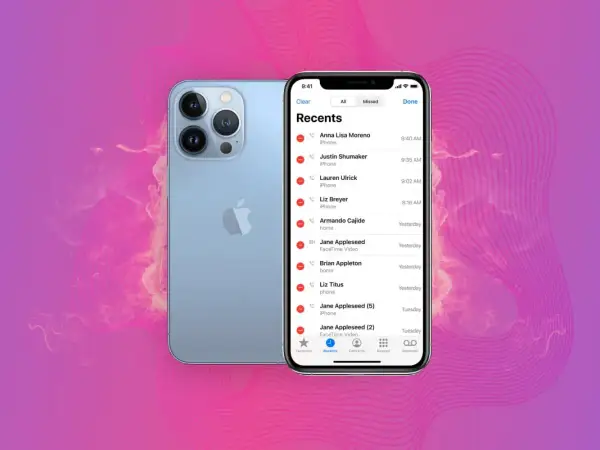 Historia połączeń iPhone, pokazująca listę ostatnich rozmów i połączeń FaceTime.