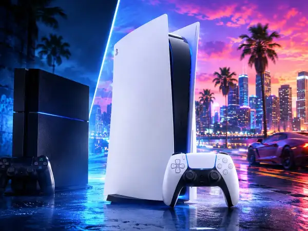 Konsola PS5 i pad obok PS4, na tle neonowego miasta i palmy. Wyobraź sobie, że to scena z GTA 6 na PS5.