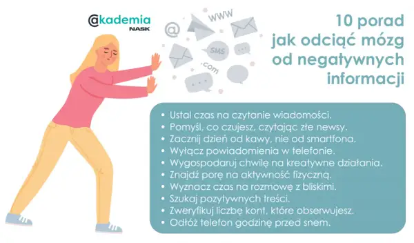 Kobieta odpycha symbole internetowe, by uniknąć doomscrollingu. 10 porad, jak odciąć mózg od negatywnych informacji.