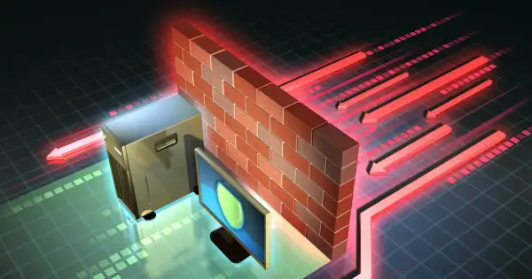 Ceglana ściana symbolizuje co to jest firewall, chroniąc serwer i monitor przed czerwonymi strzałkami zagrożeń.